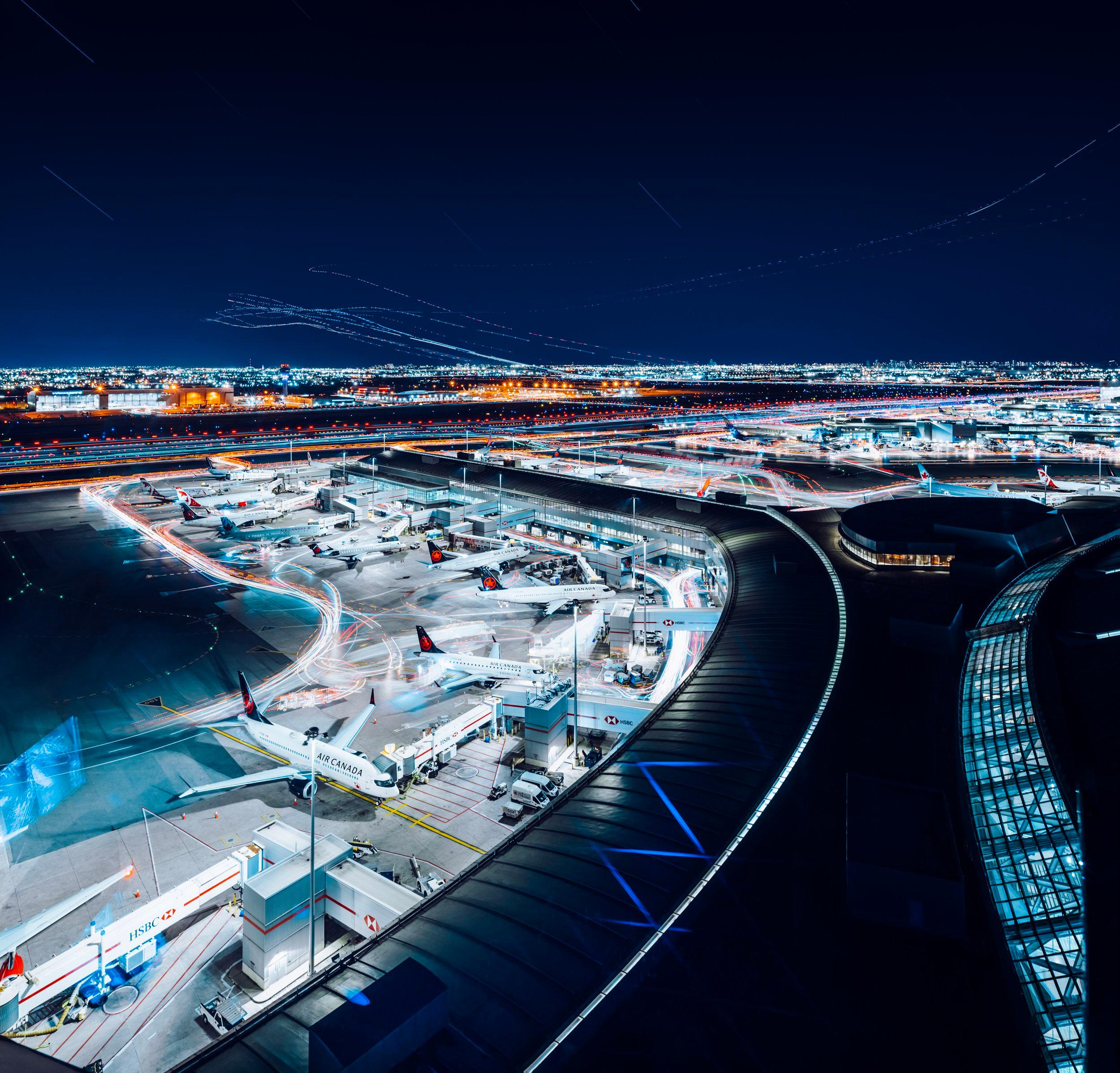 Aerial photo of the Toronto Pearson airport at night