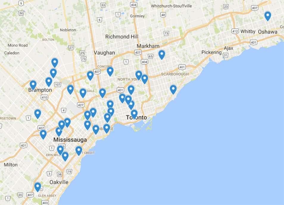 A map showing approximately where each of the 36 panelists is from, based on the first three digits of their postal code.