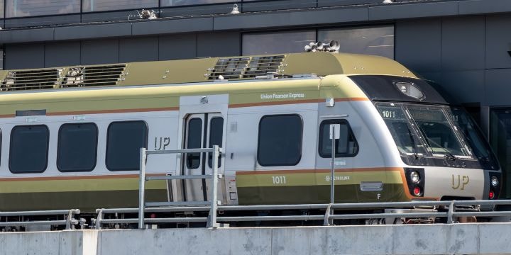 a train is parked in a station