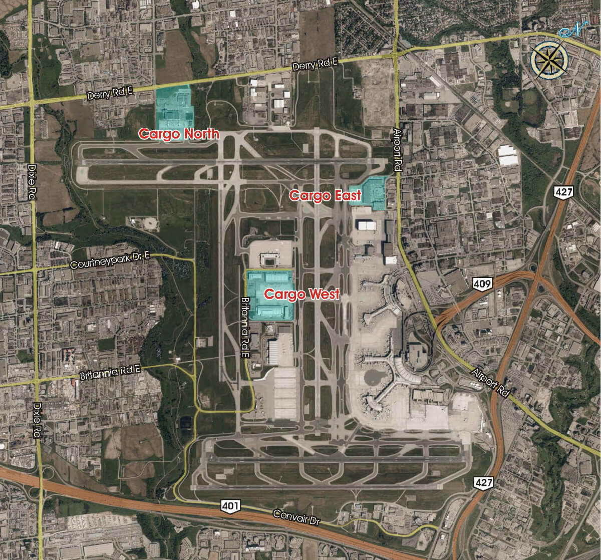 A map of Toronto Pearson's cargo facilities