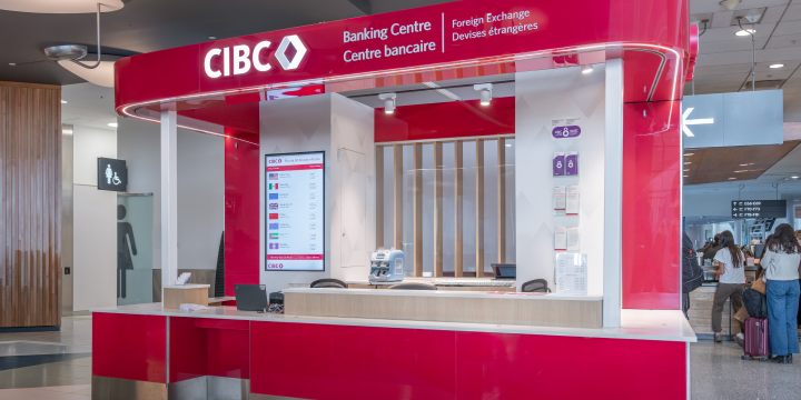 a red counter with a sign