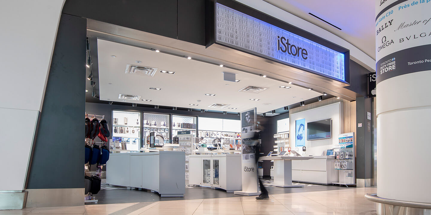 Outside view of iStore with tablets, computers and accessories