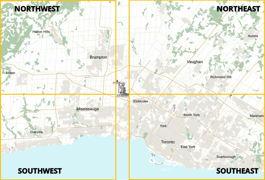 Carte de Toronto répartie en quadrants