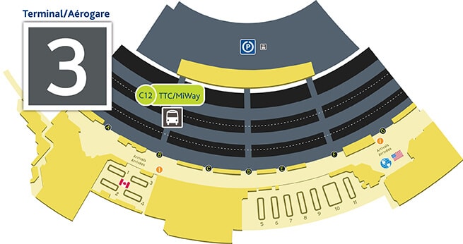 A map of the TTC area at Terminal 3, Toronto Pearson Airport
