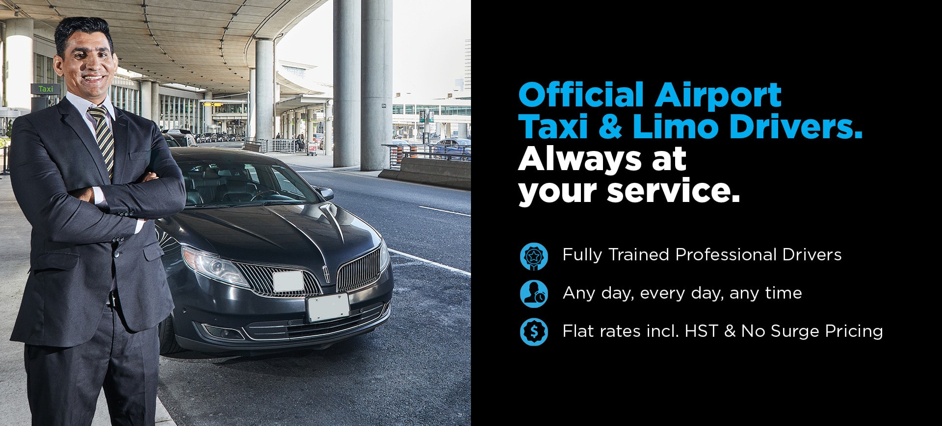 Official airport taxi and limo driver standing in front of his vehicle and smiling